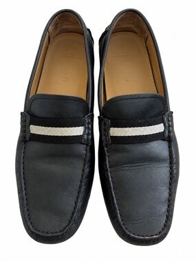 Bally Men's Black Leather Slip-On Loafers with Contrast Strip